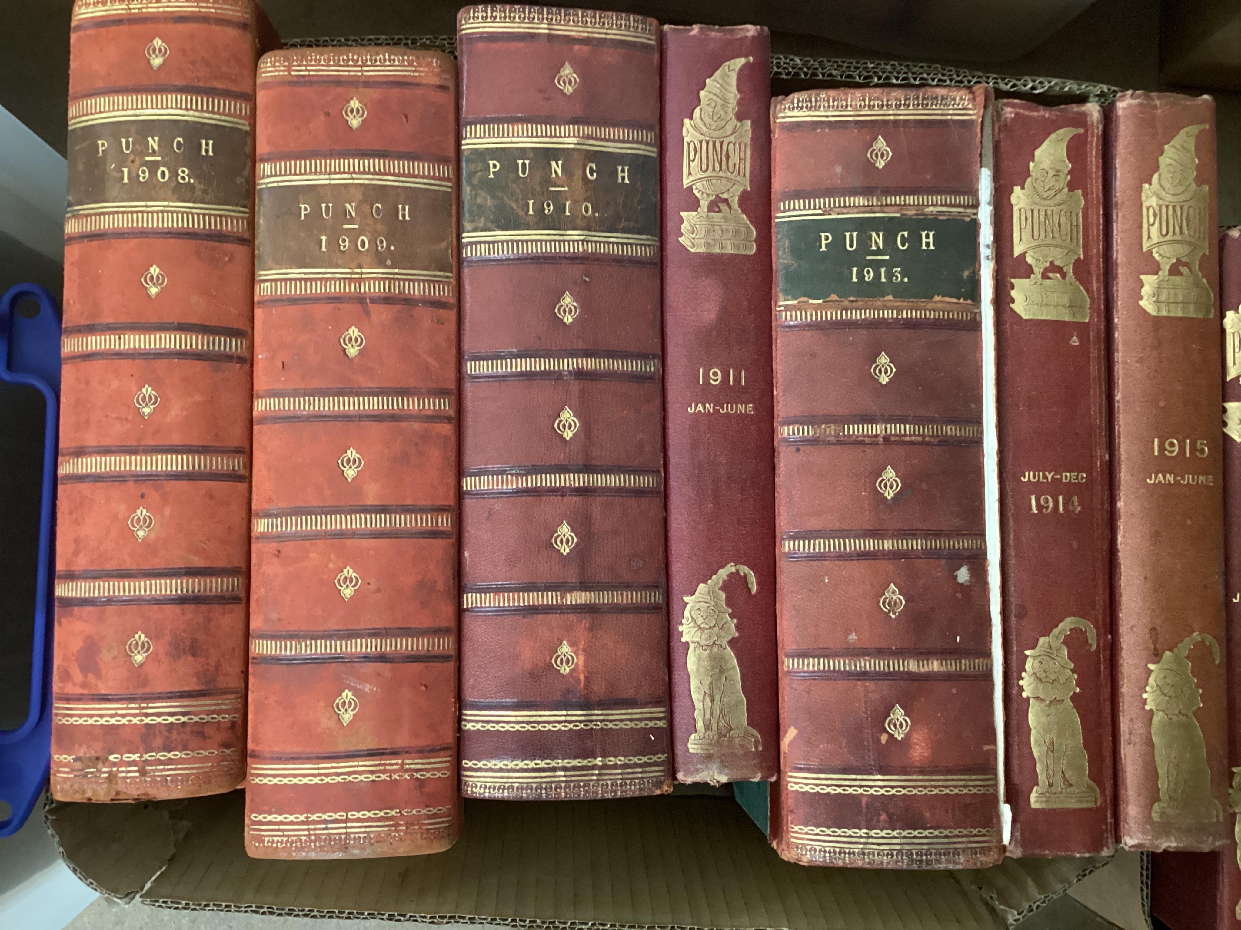 Punch, or the London Charivari Magazine - vols 1841-1891, 1894-1911, (bar 1896), 1913-1915, 1918-1925 and 1926-1930, (bar 1929), various bindings, mixed conditions. (66).